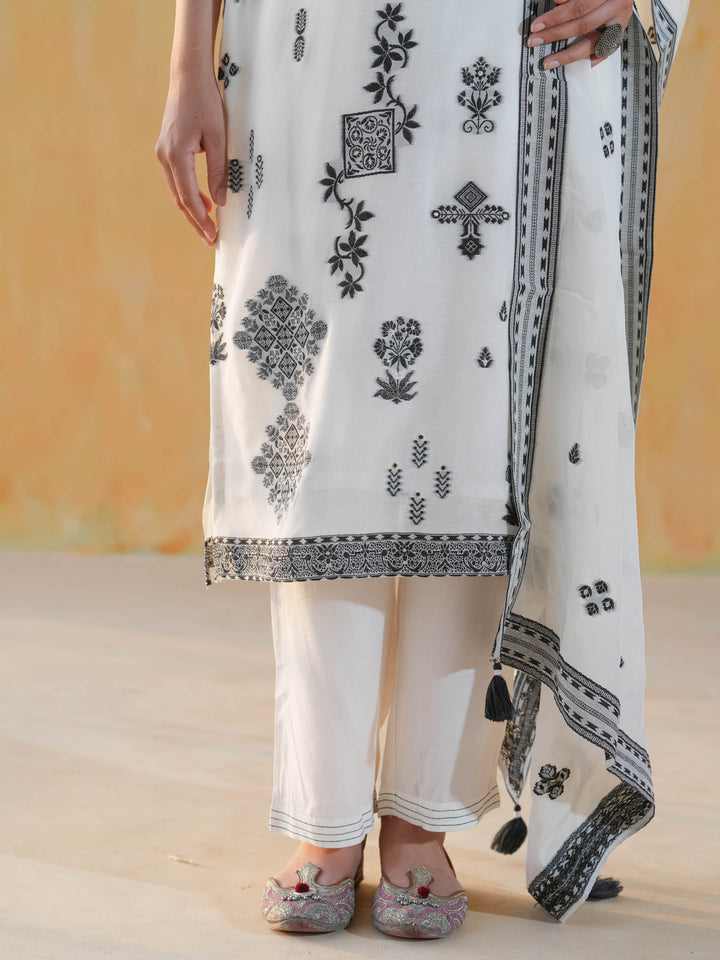 Ivory Ethnic Motif Premium Cotton Suit  Set