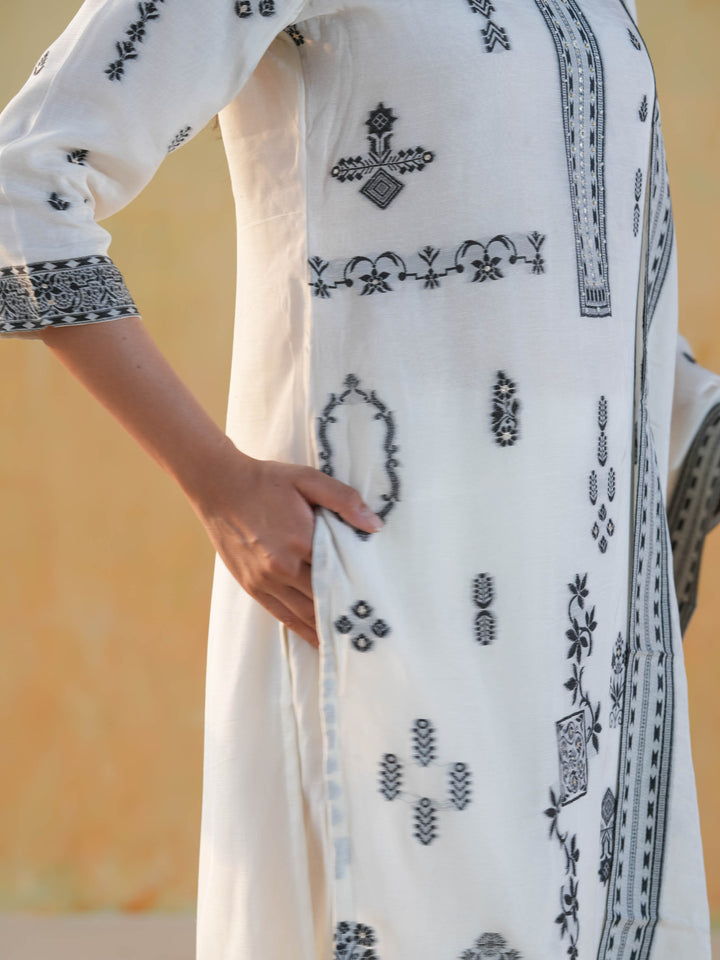 Ivory Ethnic Motif Premium Cotton Suit  Set
