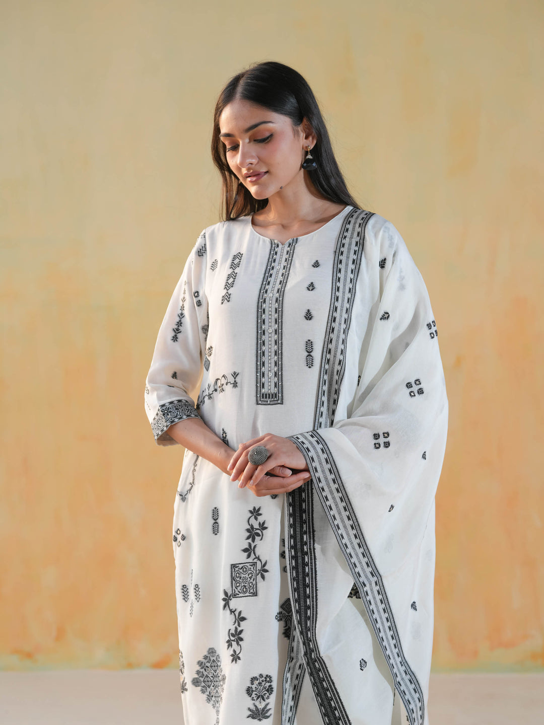 Ivory Ethnic Motif Premium Cotton Suit  Set