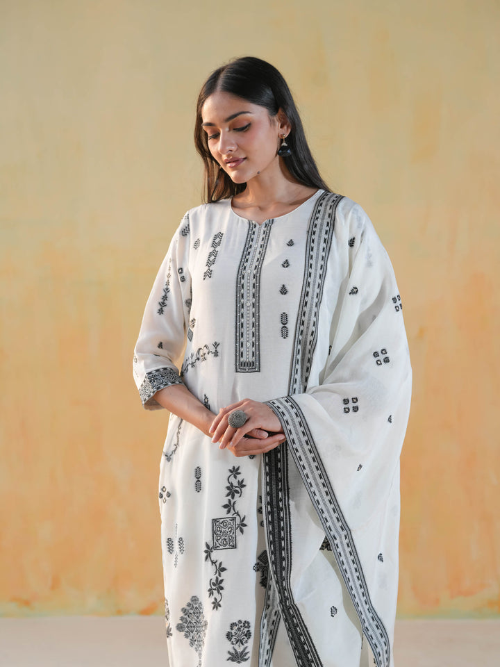 Ivory Ethnic Motif Premium Cotton Suit  Set