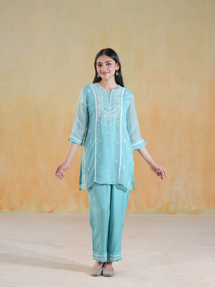 Aqua Blue Chikankari Co-ord Set