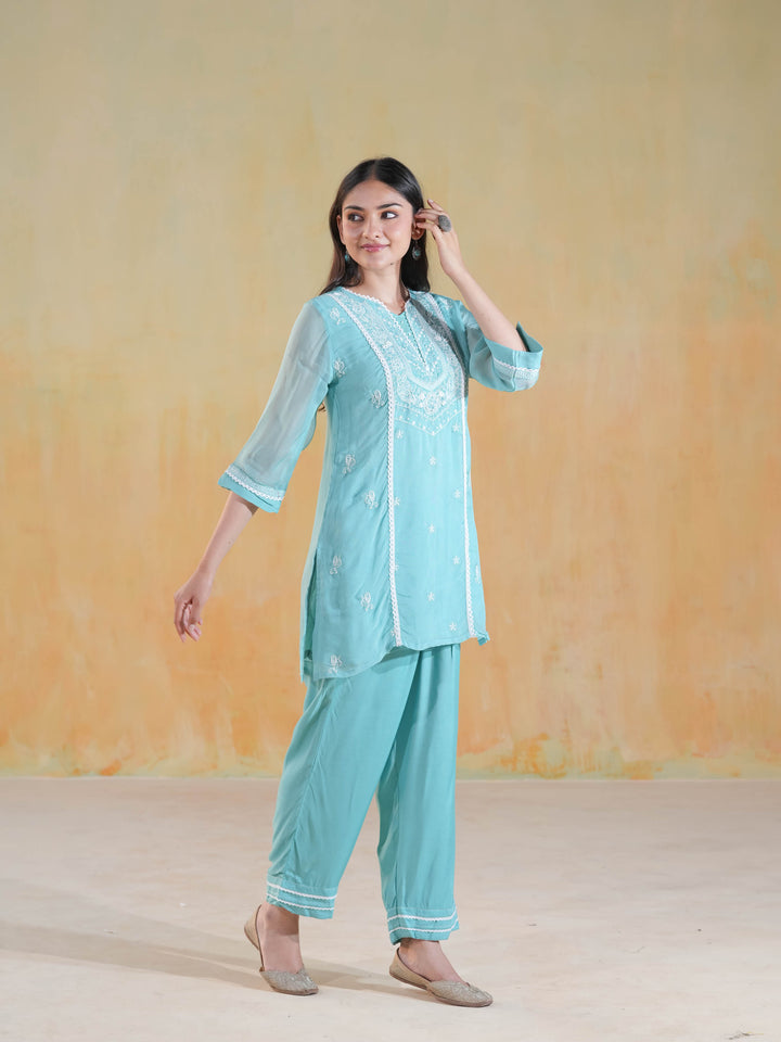 Aqua Blue Chikankari Co-ord Set
