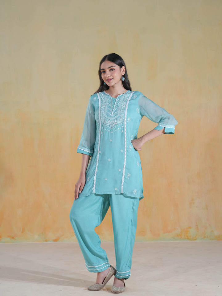 Aqua Blue Chikankari Co-ord Set