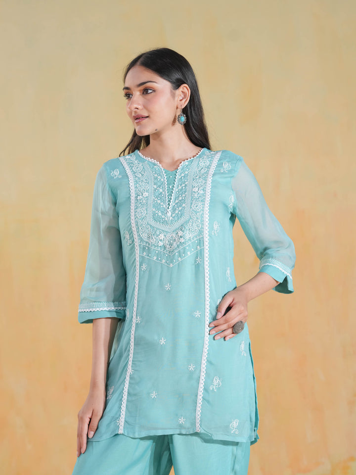 Aqua Blue Chikankari Co-ord Set