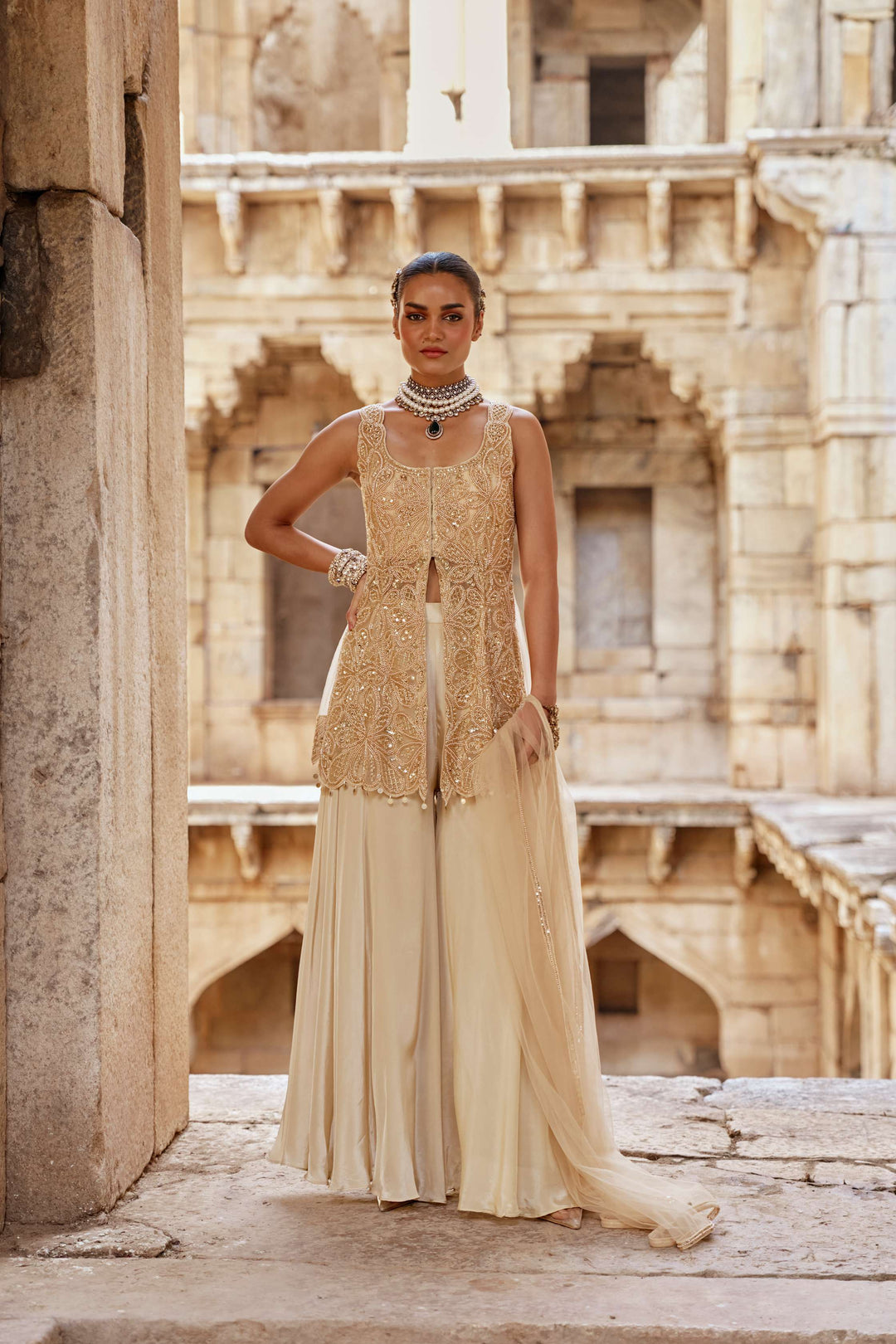 Champagne Gold Embroidered Jacket Set