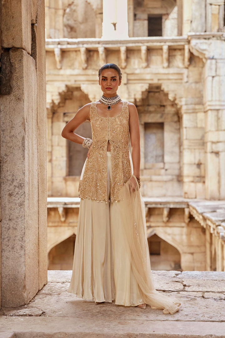 Champagne Gold Embroidered Jacket Set