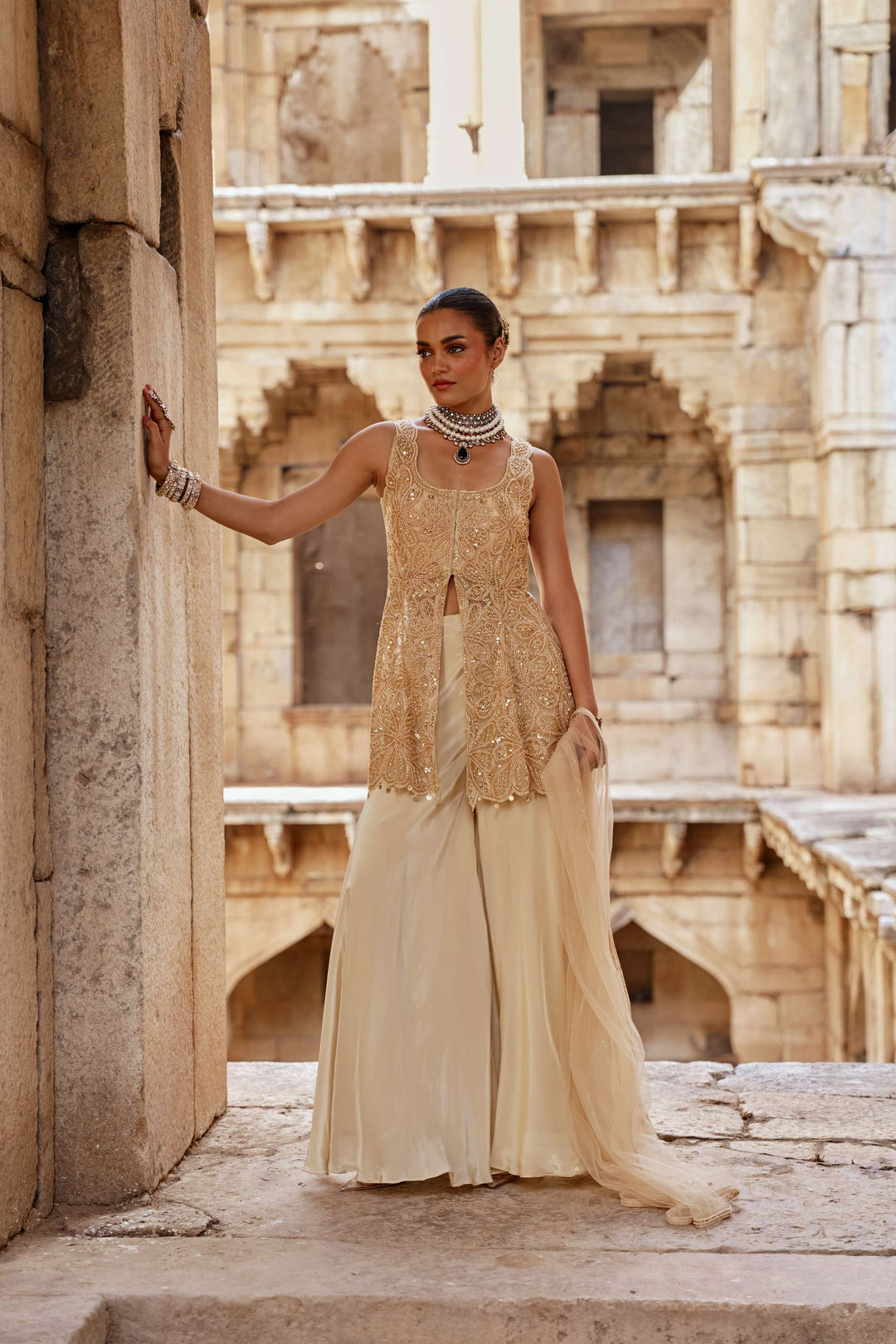 Champagne Gold Embroidered Jacket Set