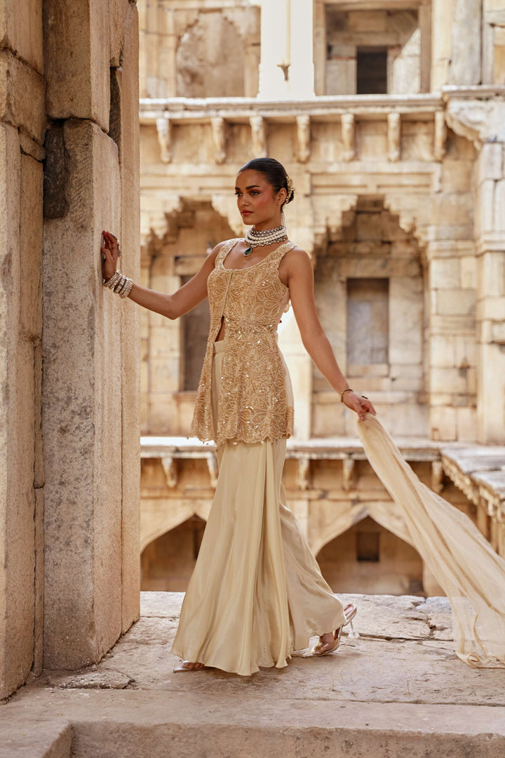 Champagne Gold Embroidered Jacket Set