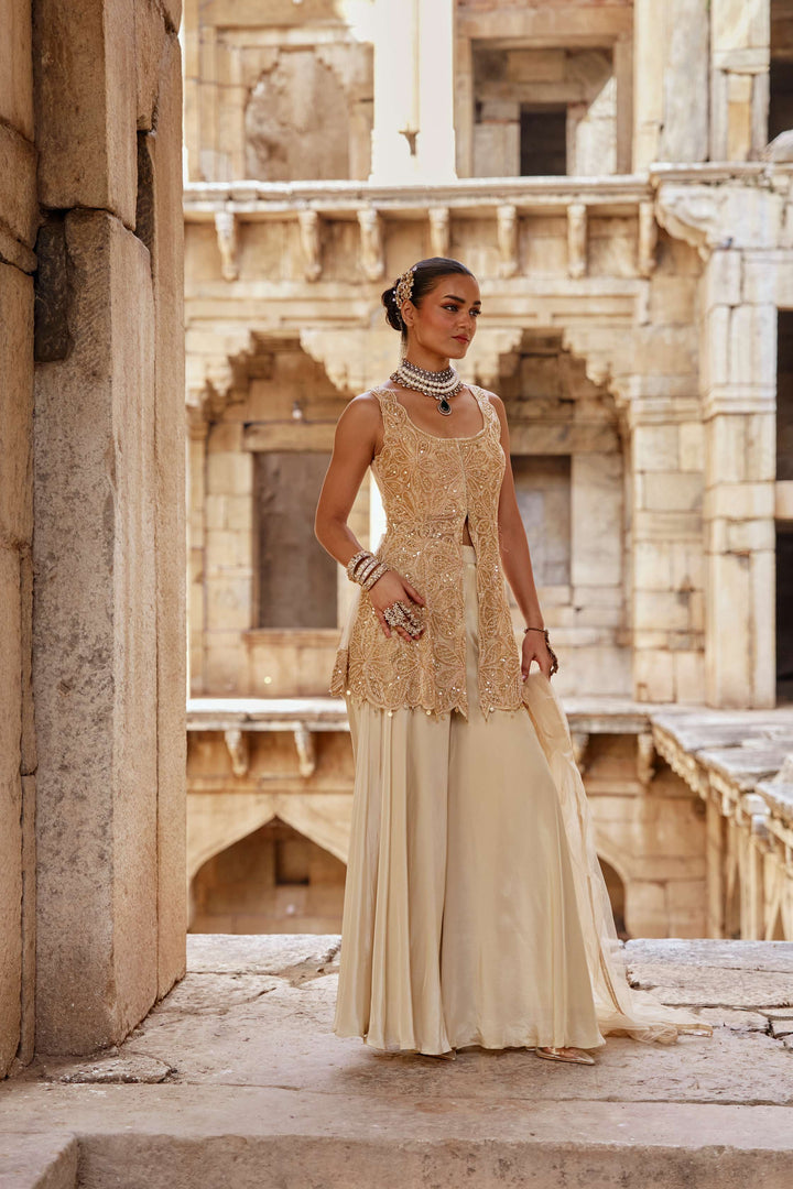 Champagne Gold Embroidered Jacket Set