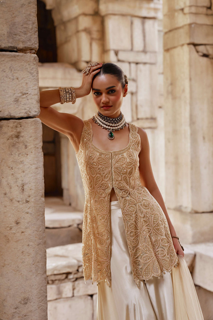 Champagne Gold Embroidered Jacket Set