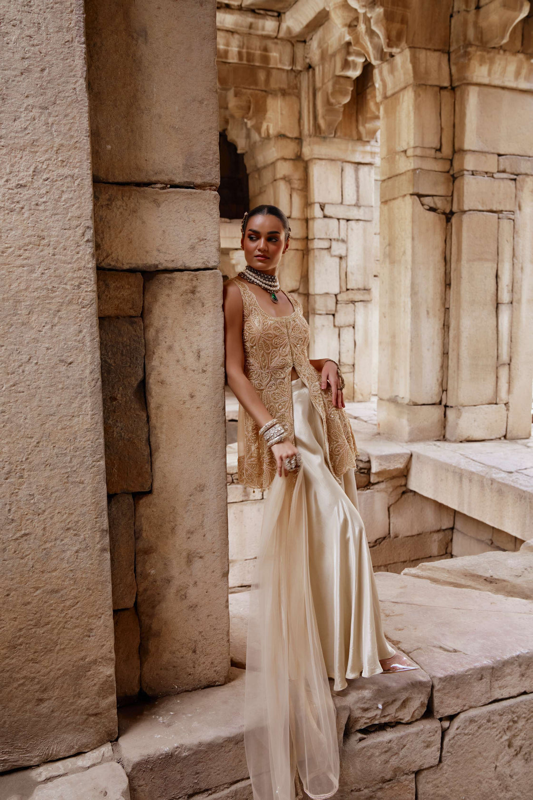 Champagne Gold Embroidered Jacket Set