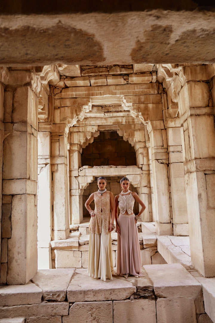 Champagne Gold Embroidered Jacket Set