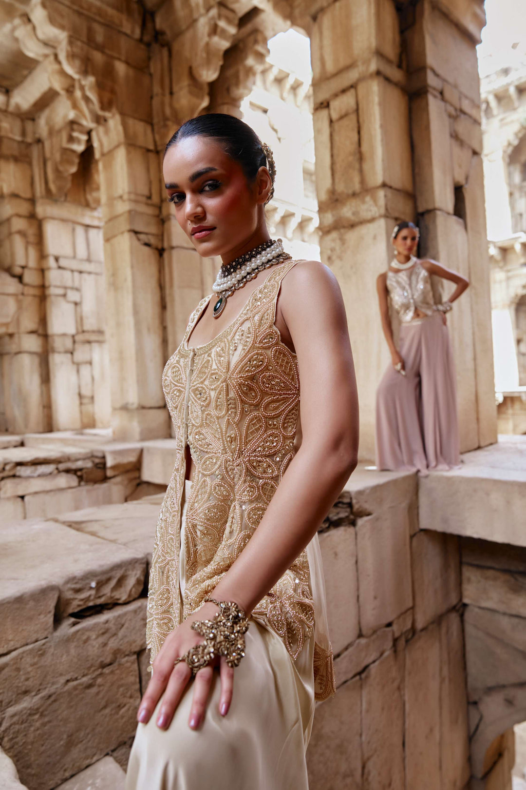 Champagne Gold Embroidered Jacket Set