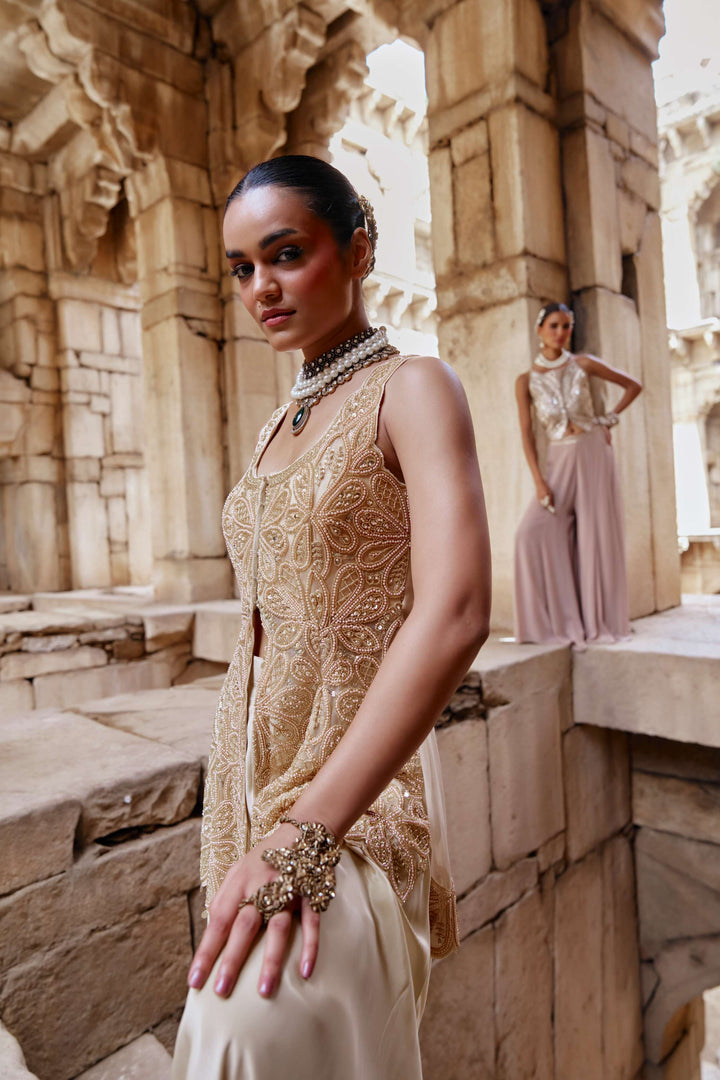 Champagne Gold Embroidered Jacket Set