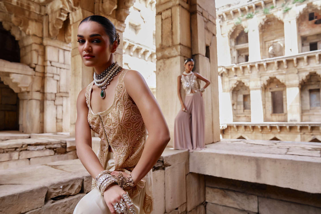 Champagne Gold Embroidered Jacket Set