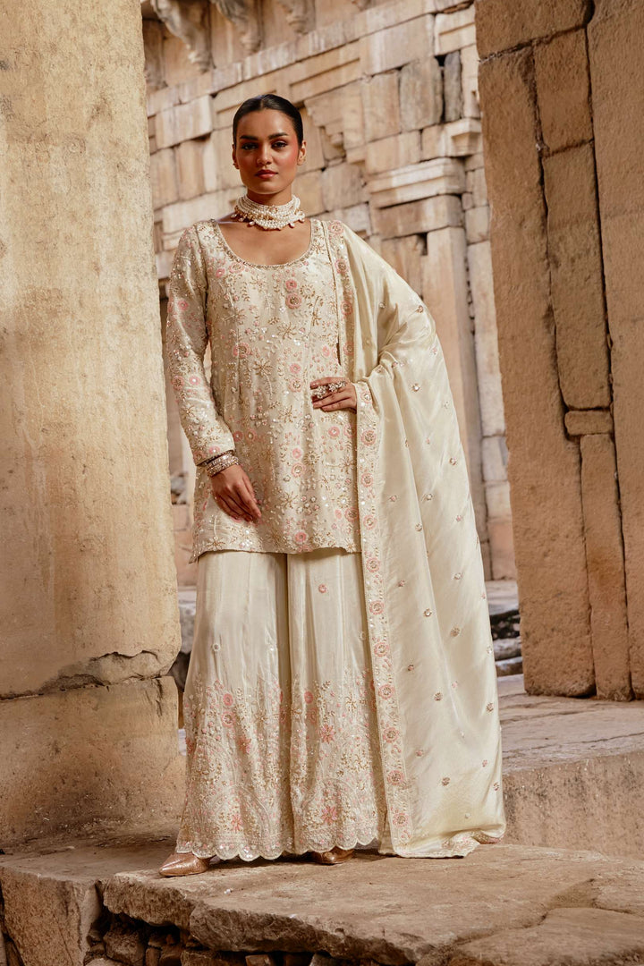 Ivory Floral Emboidered Kurta Sharara set