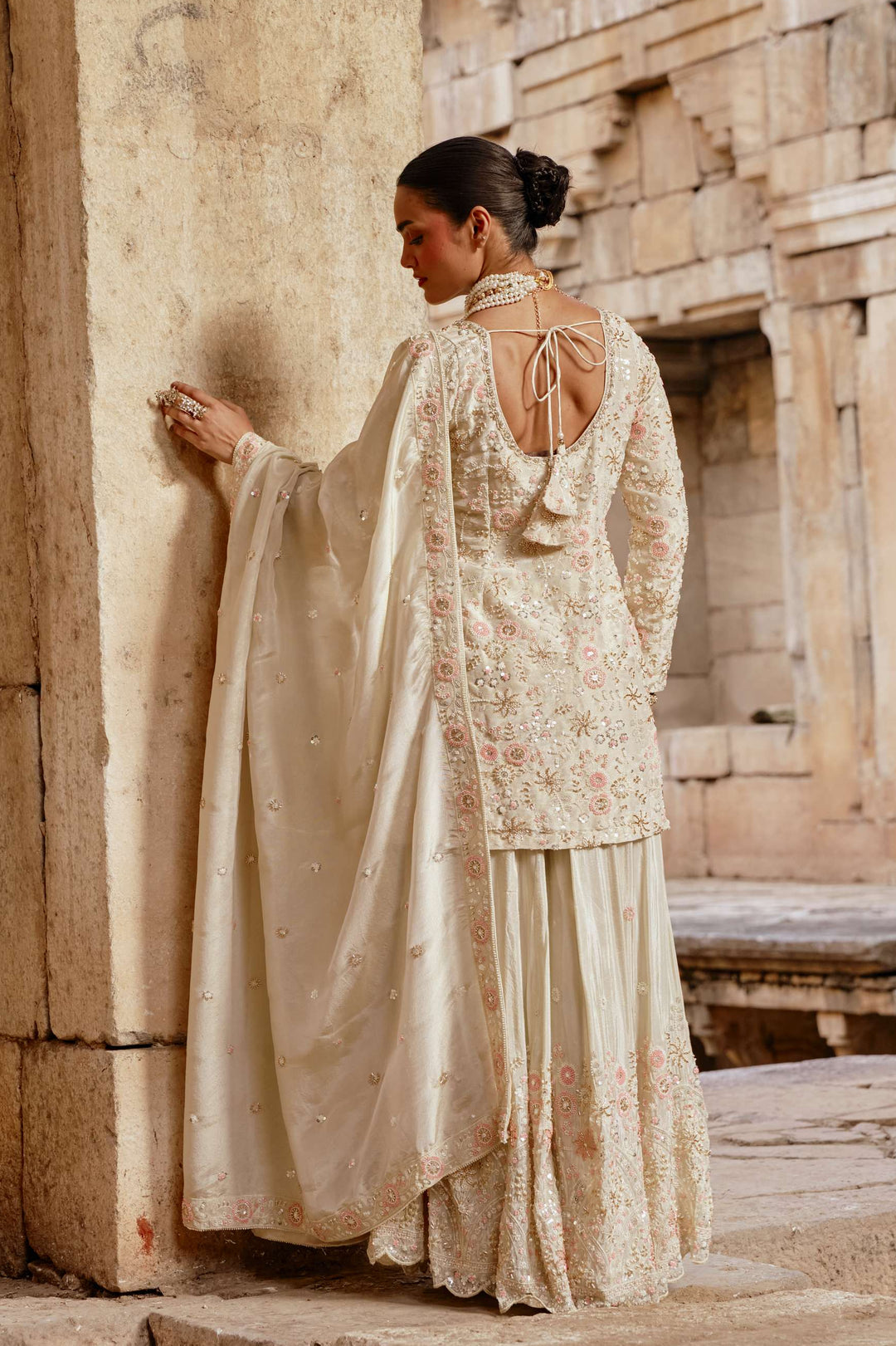 Ivory Floral Emboidered Kurta Sharara set