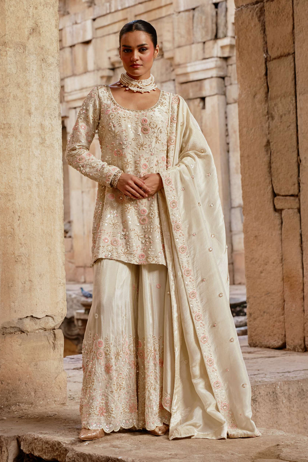 Ivory Floral Emboidered Kurta Sharara set