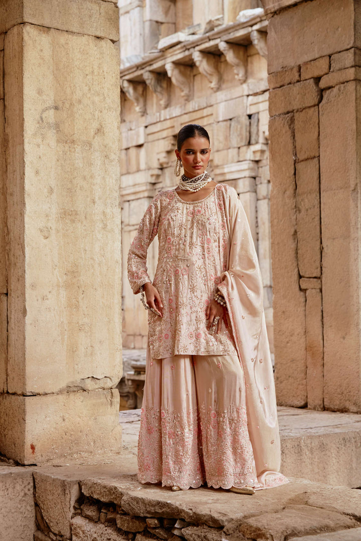 Pink Floral Emboidered Kurta Sharara set