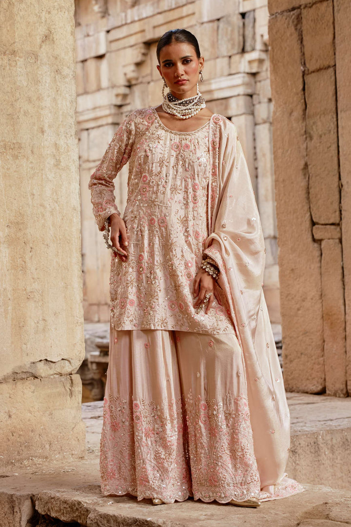 Pink Floral Emboidered Kurta Sharara set