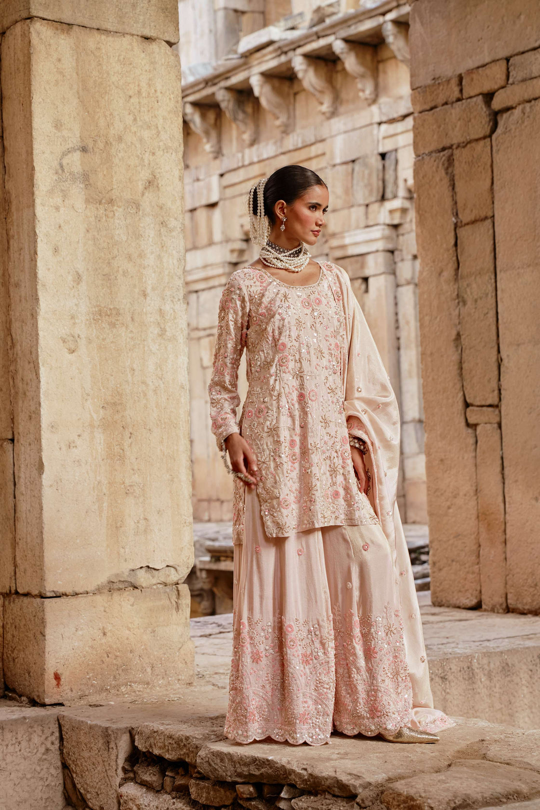 Pink Floral Emboidered Kurta Sharara set