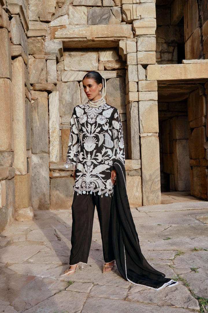 Black Floral Thread Work Suit with Dupatta