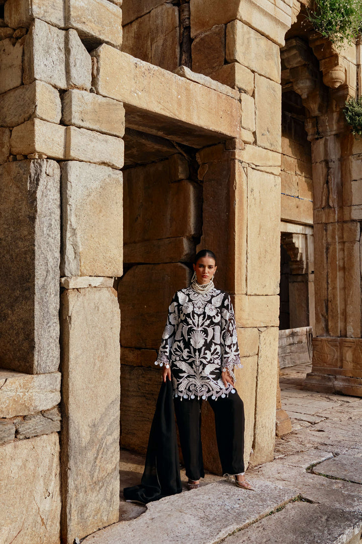 Black Floral Thread Work Suit with Dupatta