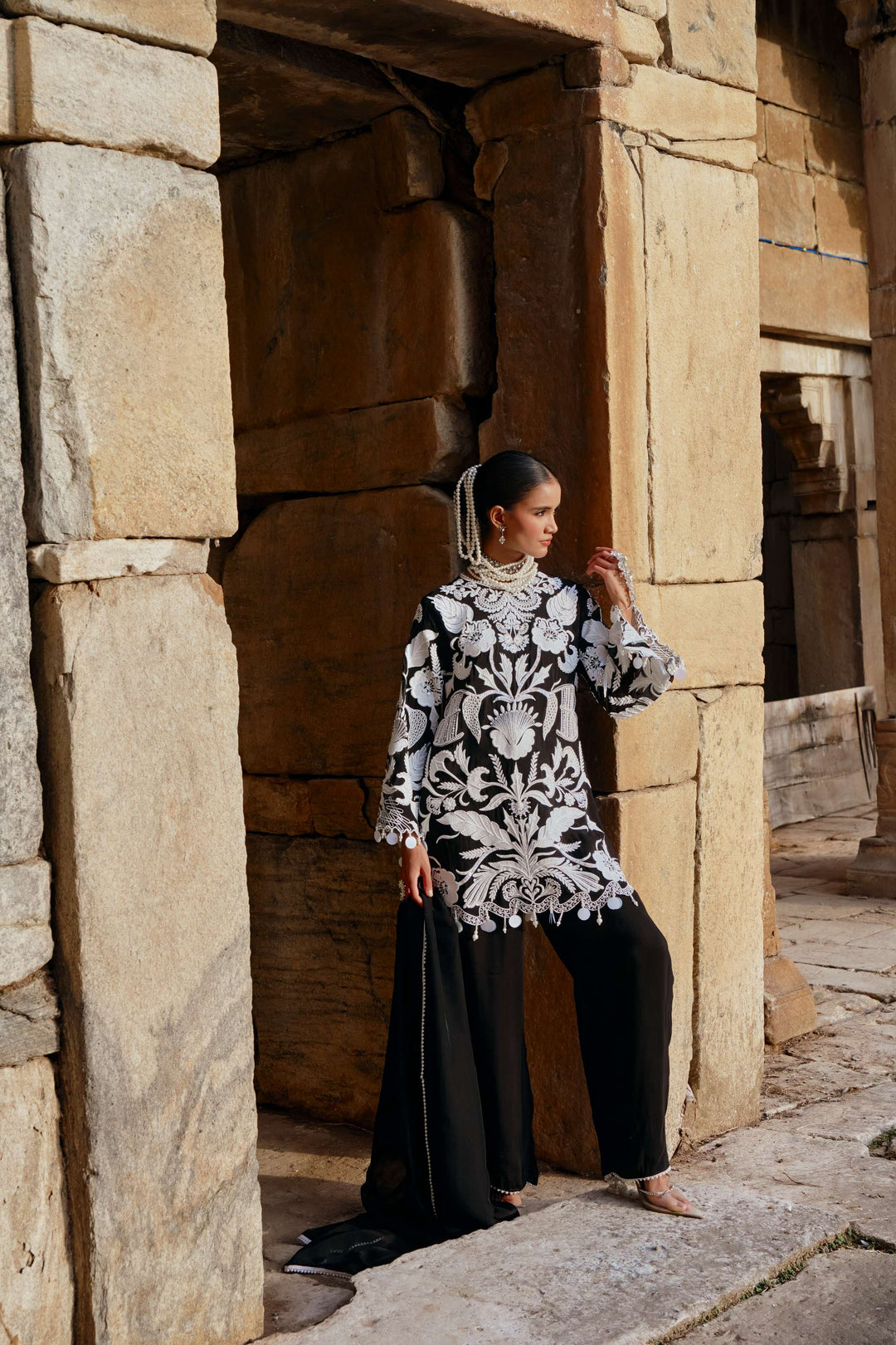 Black Floral Thread Work Suit with Dupatta