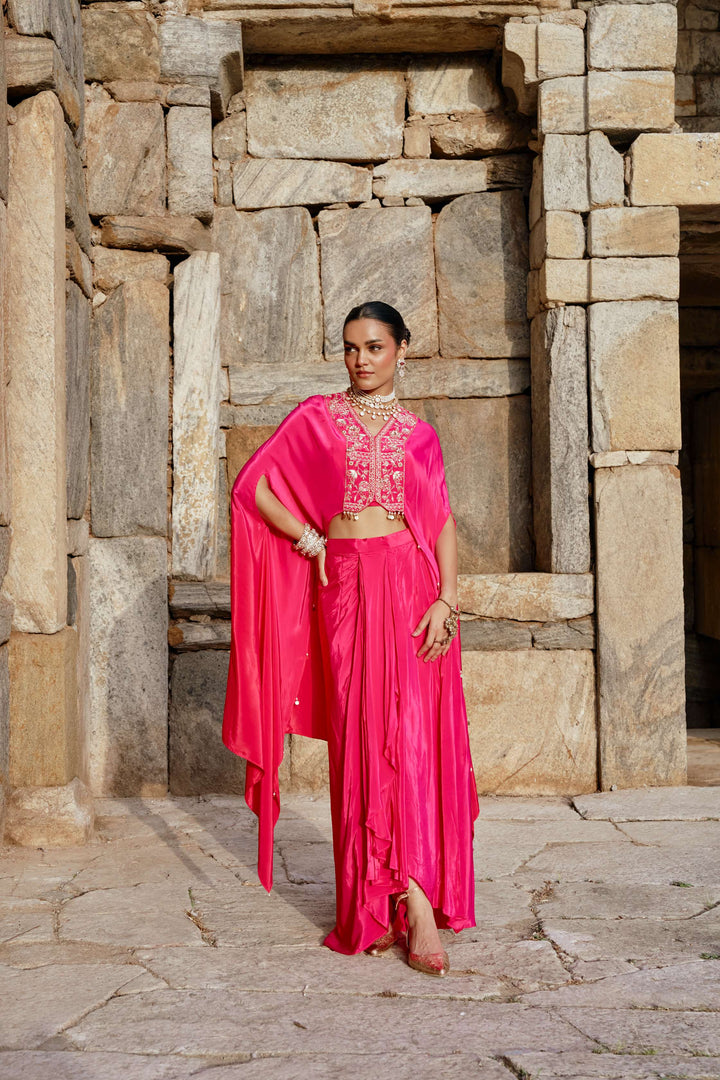 Hot Pink Cape Style Indo-Western Set with Draped Pants