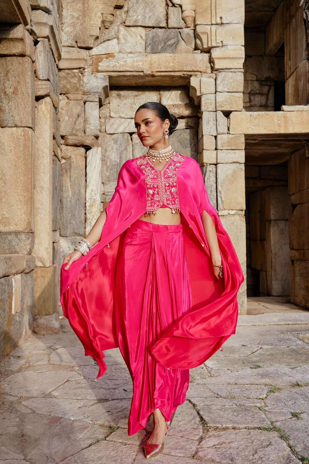 Hot Pink Cape Style Indo-Western Set with Draped Pants
