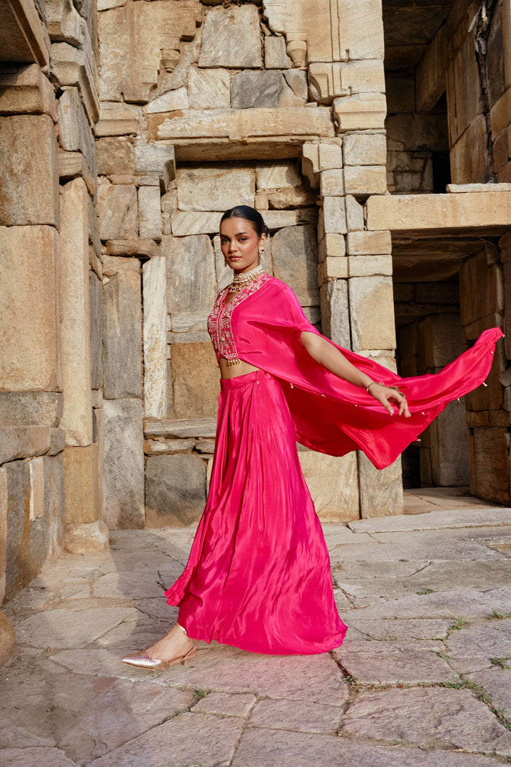 Hot Pink Cape Style Indo-Western Set with Draped Pants