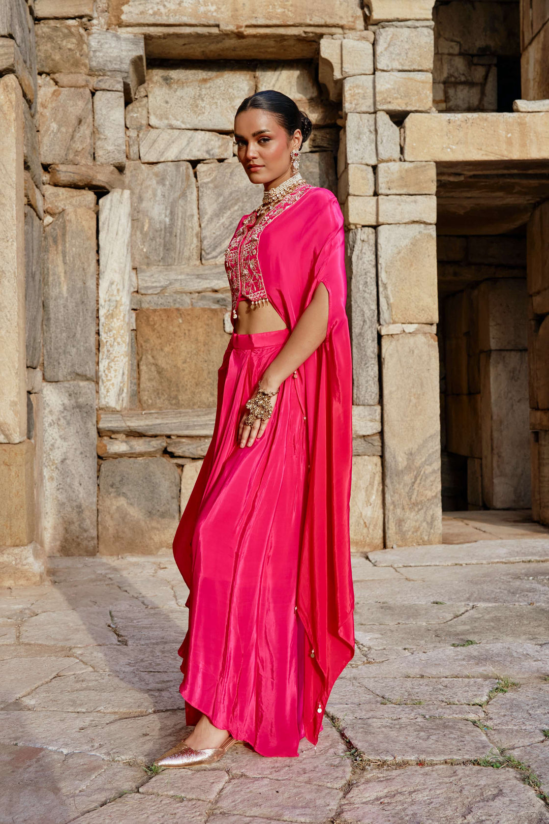 Hot Pink Cape Style Indo-Western Set with Draped Pants