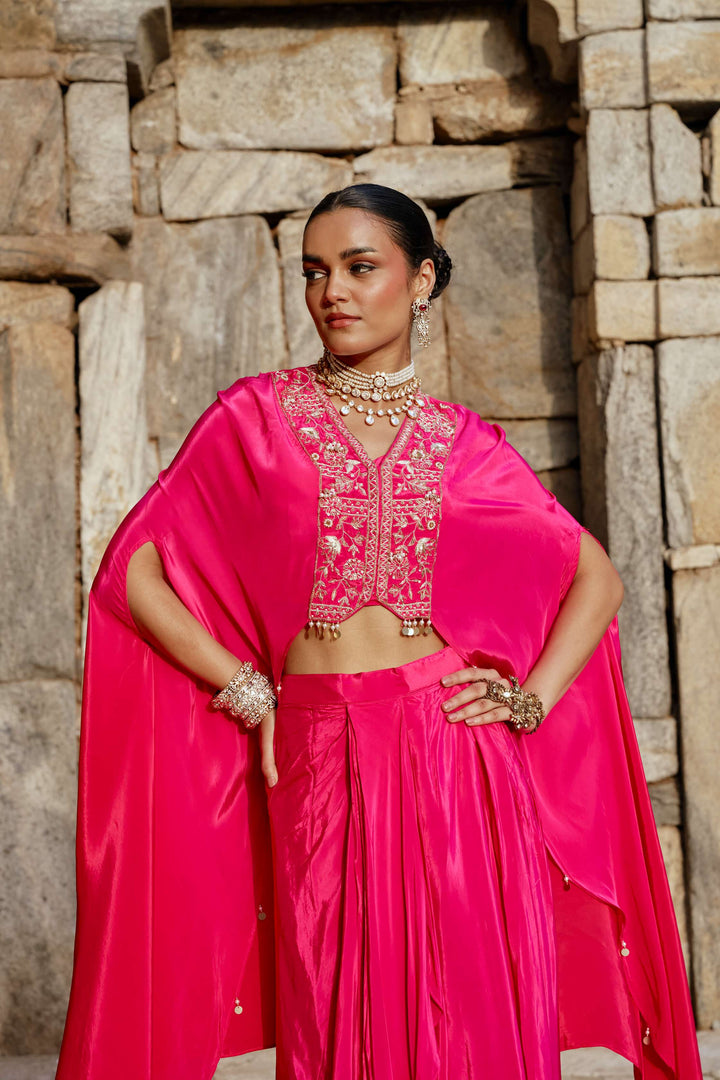 Hot Pink Cape Style Indo-Western Set with Draped Pants