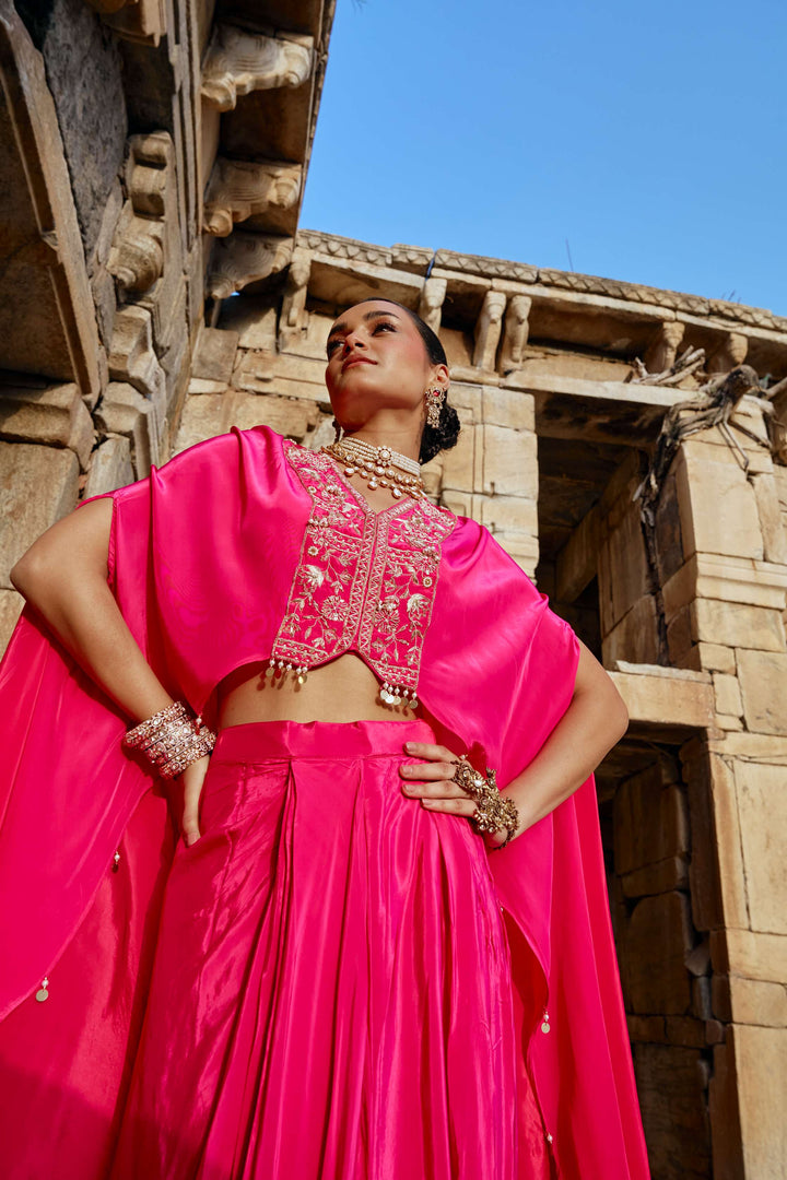 Hot Pink Cape Style Indo-Western Set with Draped Pants