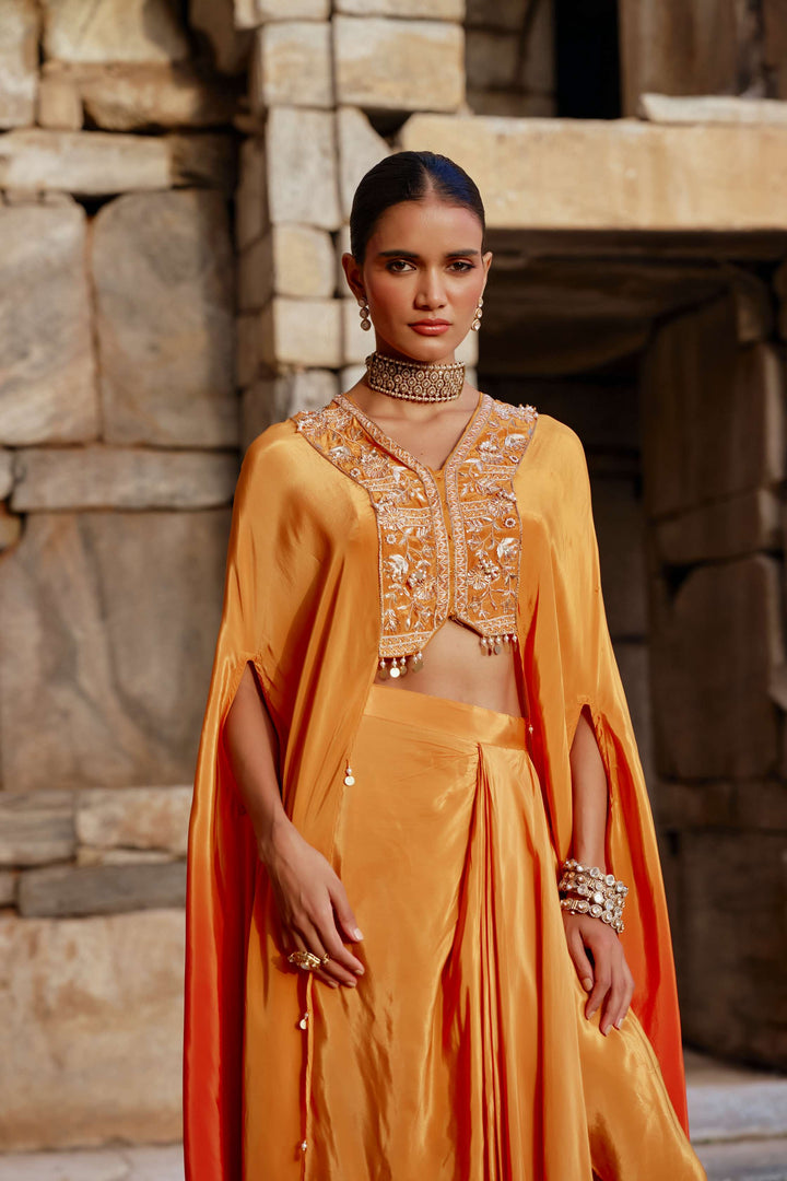 Mustard Cape Style Indo-Western Set with Draped Pants