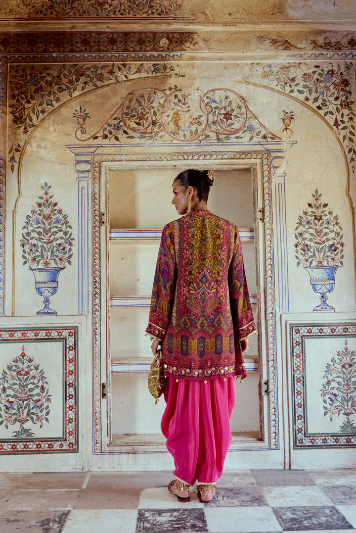 Printed Fuchsia Pink Kurta with Gota Work and Pink Tulip Pants