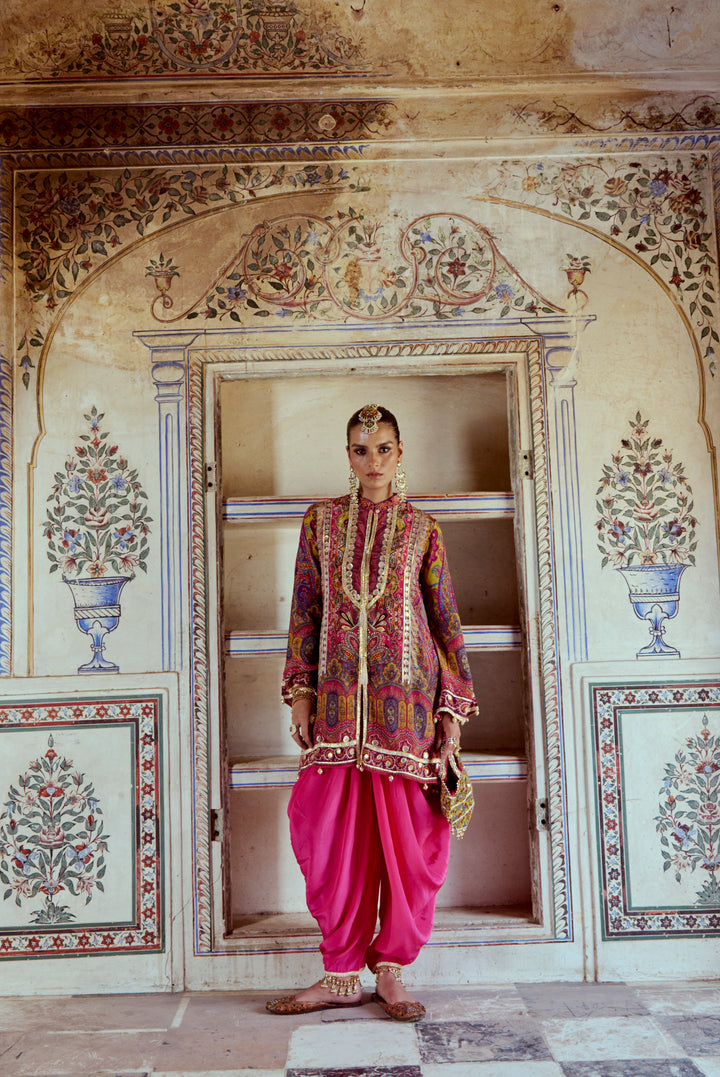 Printed Fuchsia Pink Kurta with Gota Work and Pink Tulip Pants