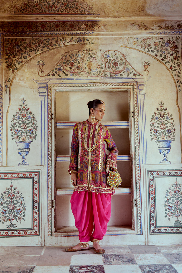 Printed Fuchsia Pink Kurta with Gota Work and Pink Tulip Pants
