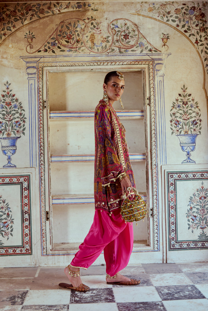 Printed Fuchsia Pink Kurta with Gota Work and Pink Tulip Pants