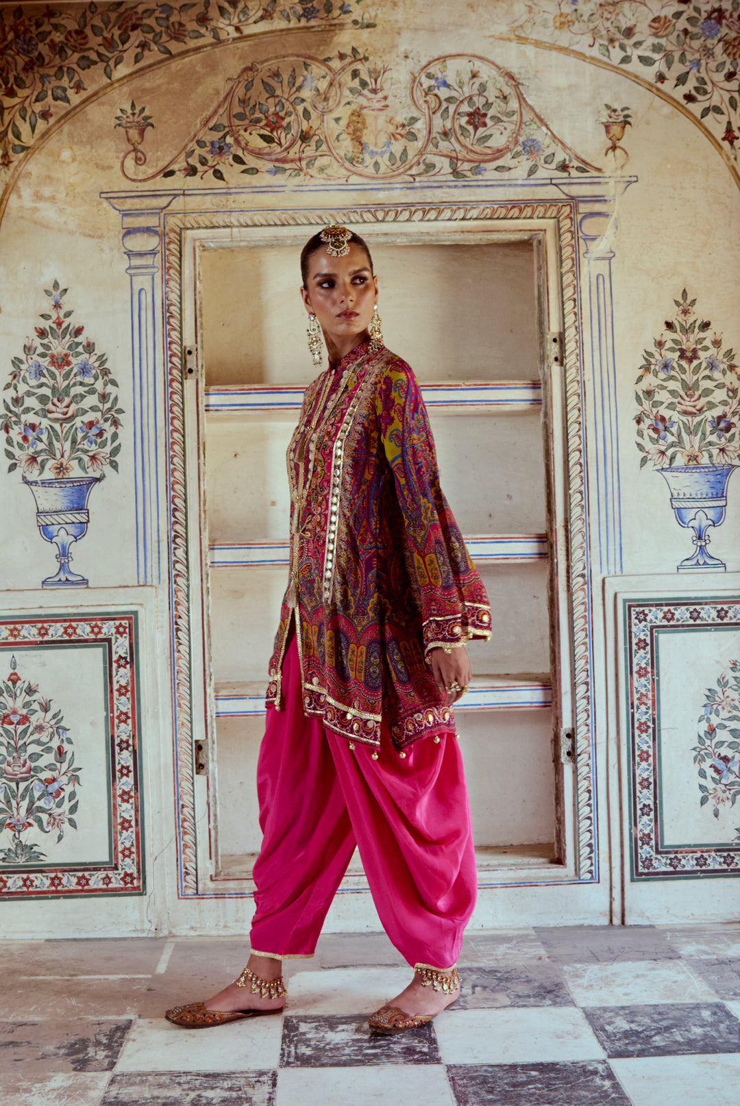 Printed Fuchsia Pink Kurta with Gota Work and Pink Tulip Pants