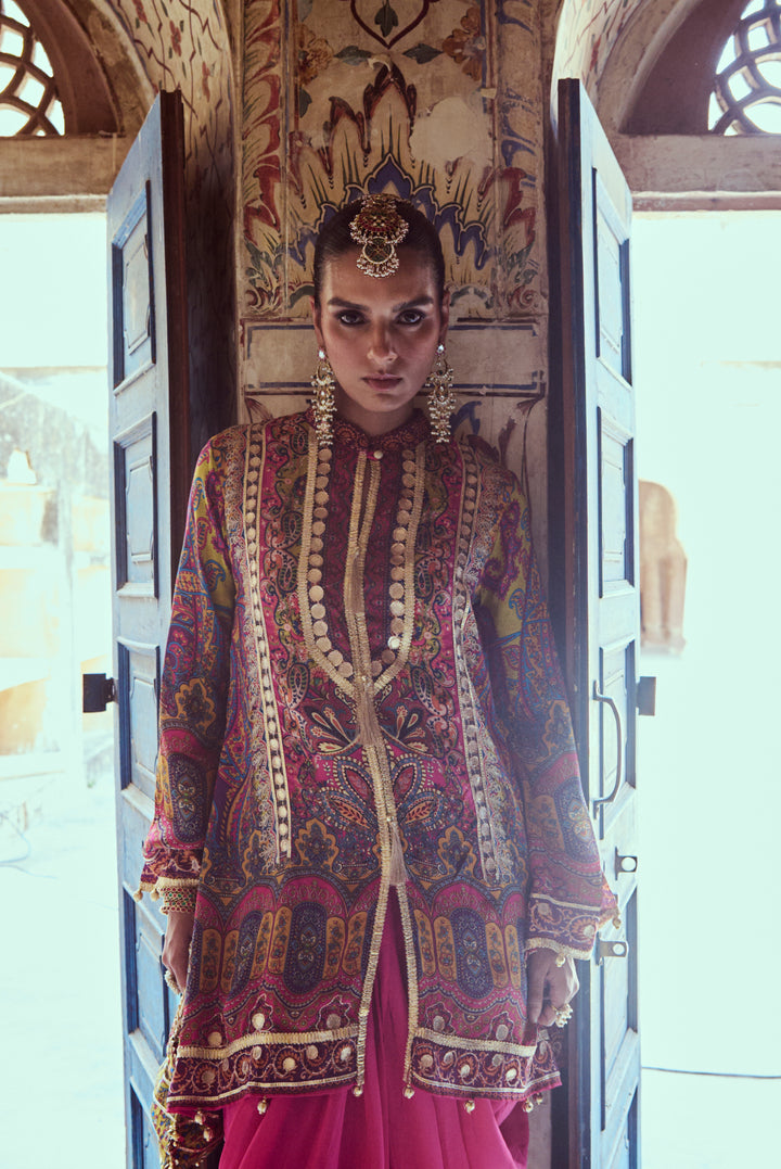 Printed Fuchsia Pink Kurta with Gota Work and Pink Tulip Pants