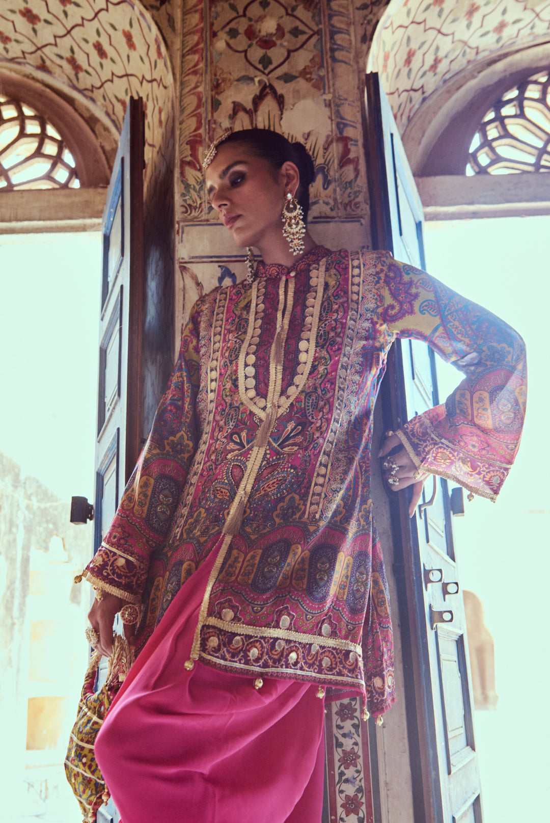 Printed Fuchsia Pink Kurta with Gota Work and Pink Tulip Pants