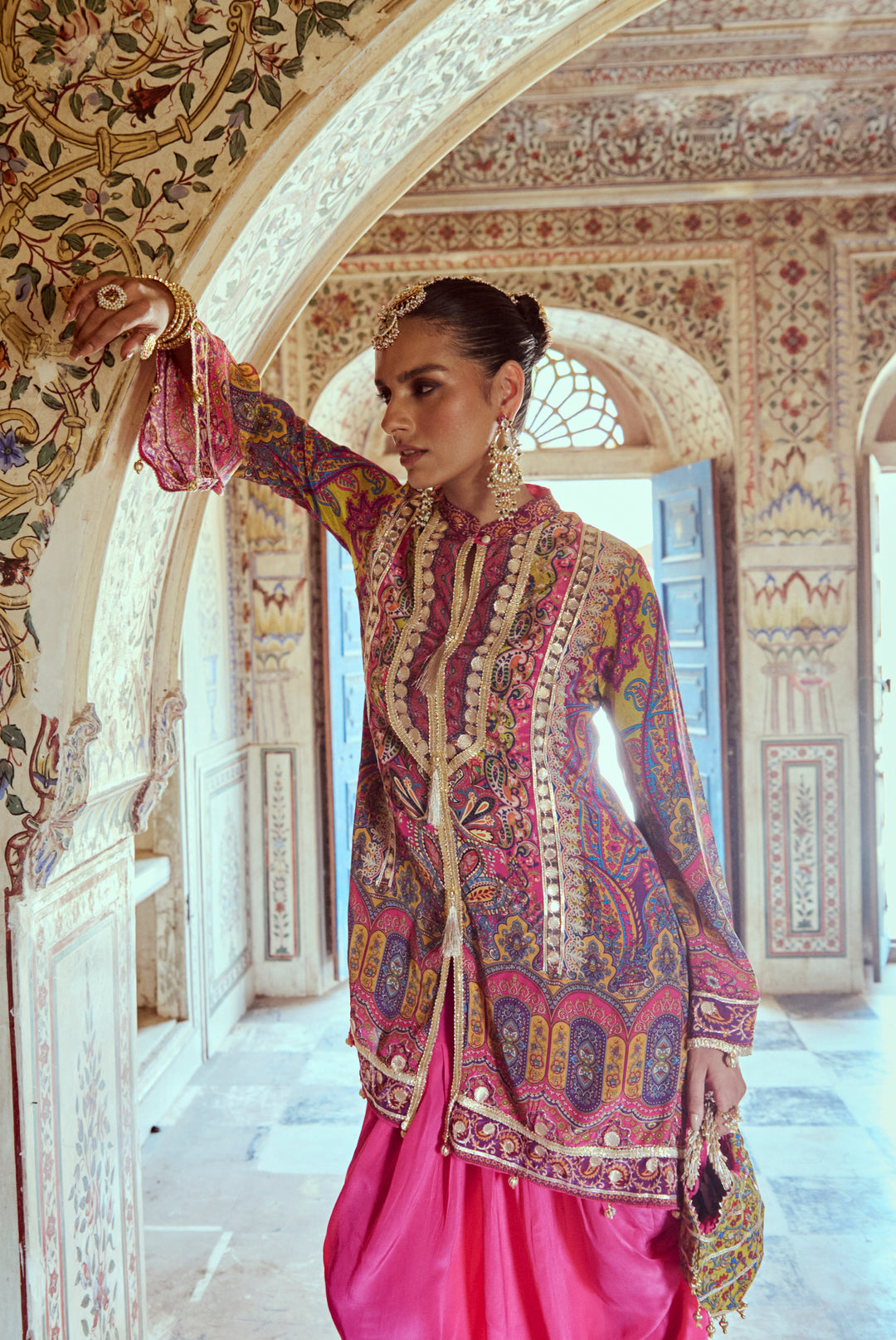 Printed Fuchsia Pink Kurta with Gota Work and Pink Tulip Pants