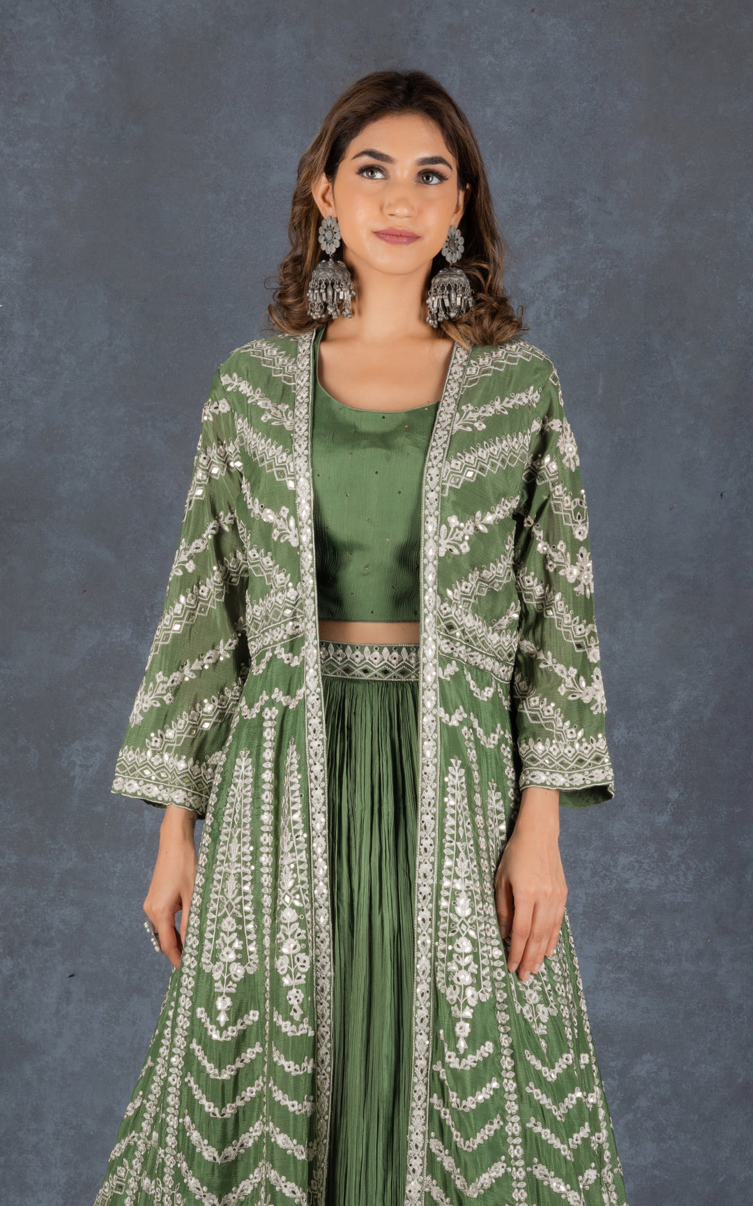 Green Embroidered Crop Top Lehenga With Jacket