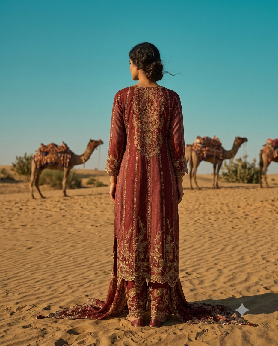 Mehroon embroidered crepe suit with farshi salwar.