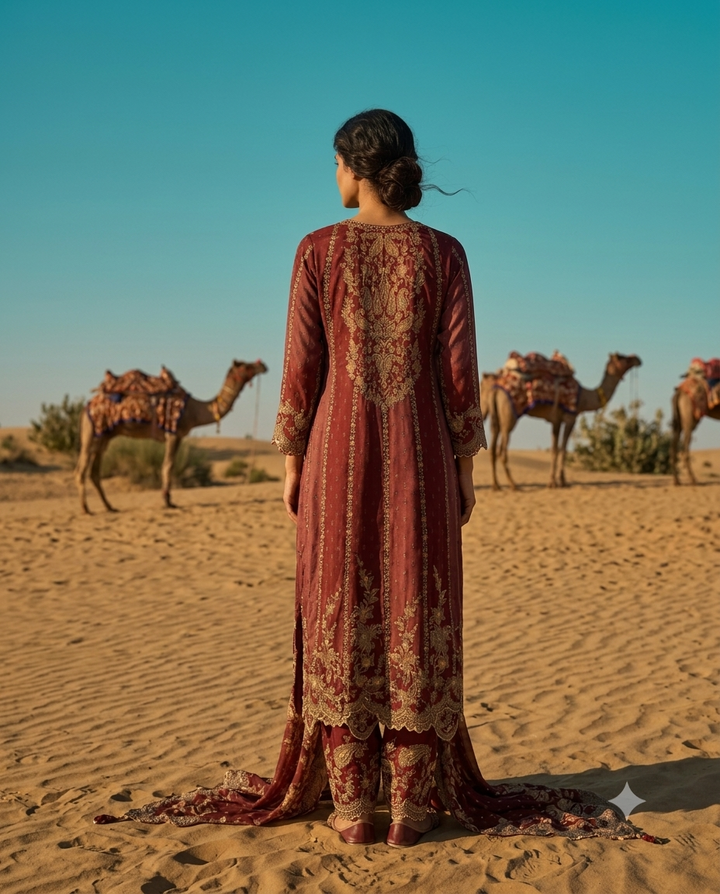 Mehroon embroidered crepe suit with farshi salwar.