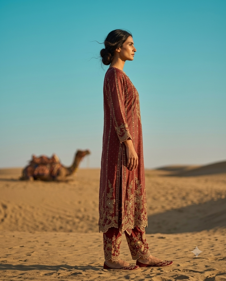 Mehroon embroidered crepe suit with farshi salwar.