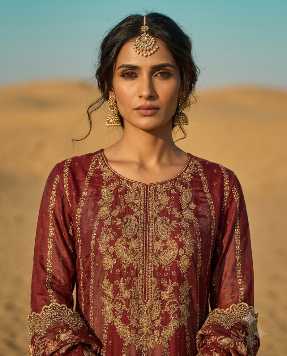 Mehroon embroidered crepe suit with farshi salwar.