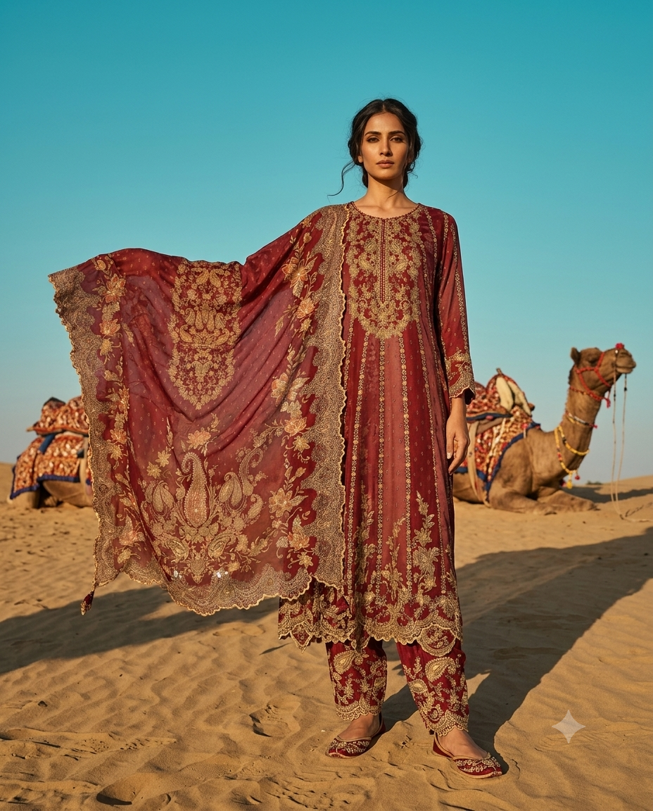 Mehroon embroidered crepe suit with farshi salwar.