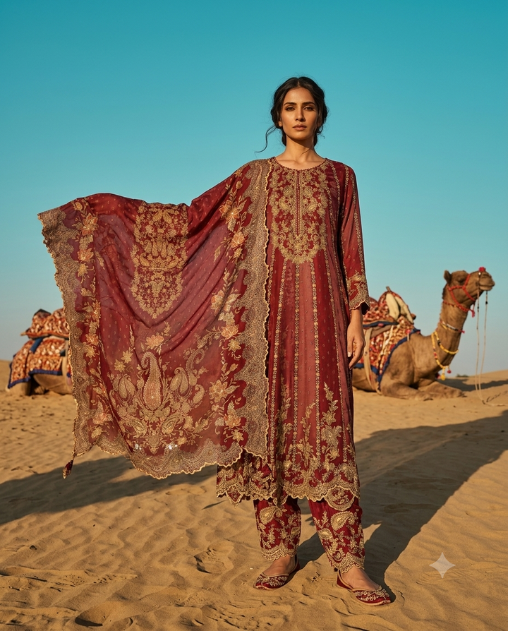 Mehroon embroidered crepe suit with farshi salwar.